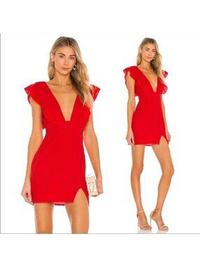 Superdown Harlow Red Midi Dress Medium With Plunging Neckline & Ruffle (NN526)